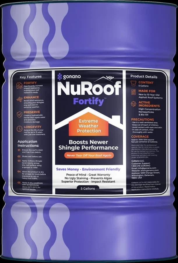 Purple drum of GoNano NuRoof Fortify roof treatment