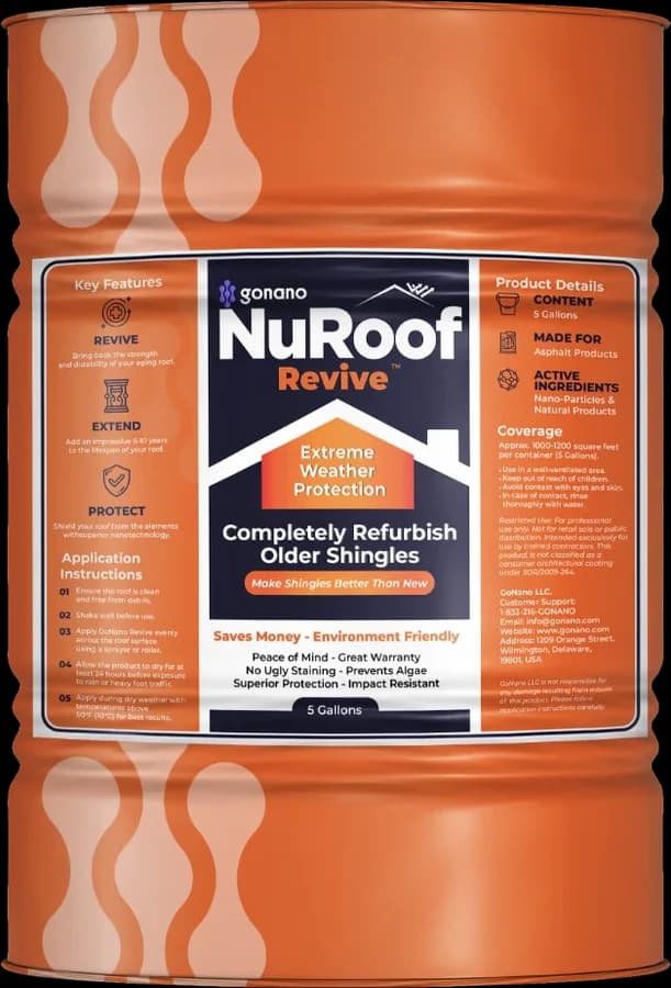 Orange drum of GoNano NuRoof Revive shingle restoration treatment