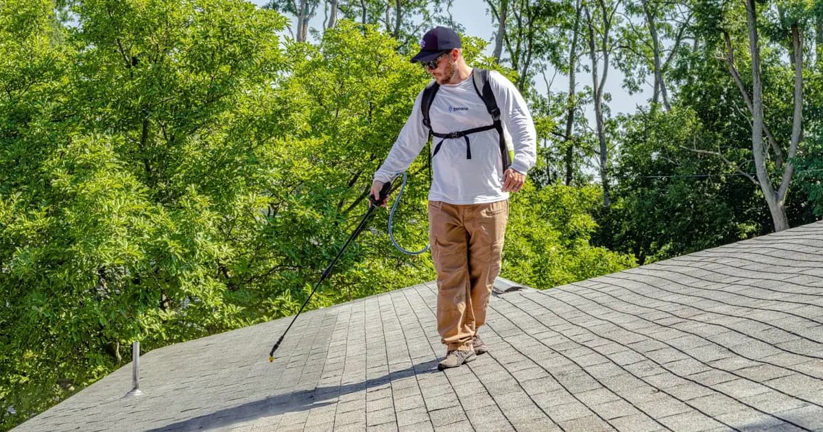 An applicator with a backpack sprayer treating an asphalt shingle roof
